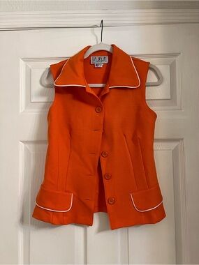 Vintage Bright Orange Womens Button-Front Vest with Contrast Piping